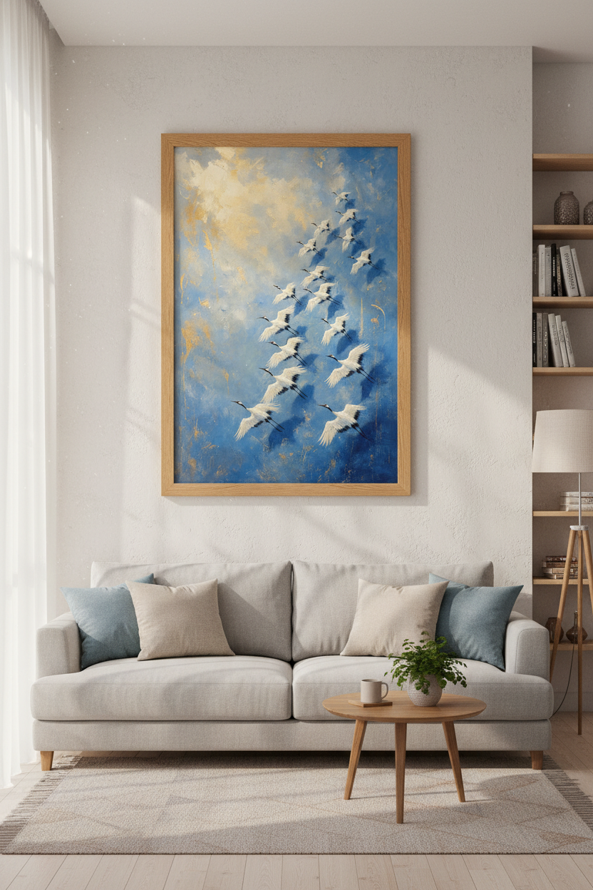 Flying Cranes Oil Painting | Blue and Gold Abstract Bird Wall Art, Living Room Decor