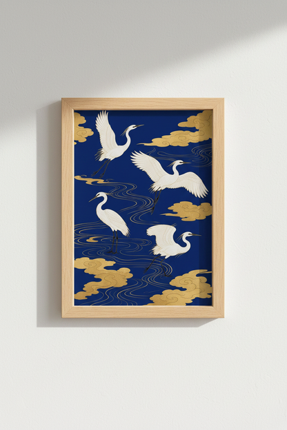 Modern Crane Wall Art Print | Living Room Decor | Gold Accent Poster