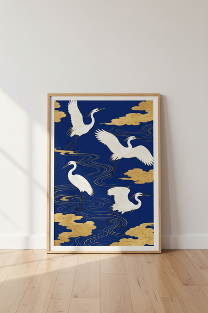 Modern Crane Wall Art Print | Living Room Decor | Gold Accent Poster