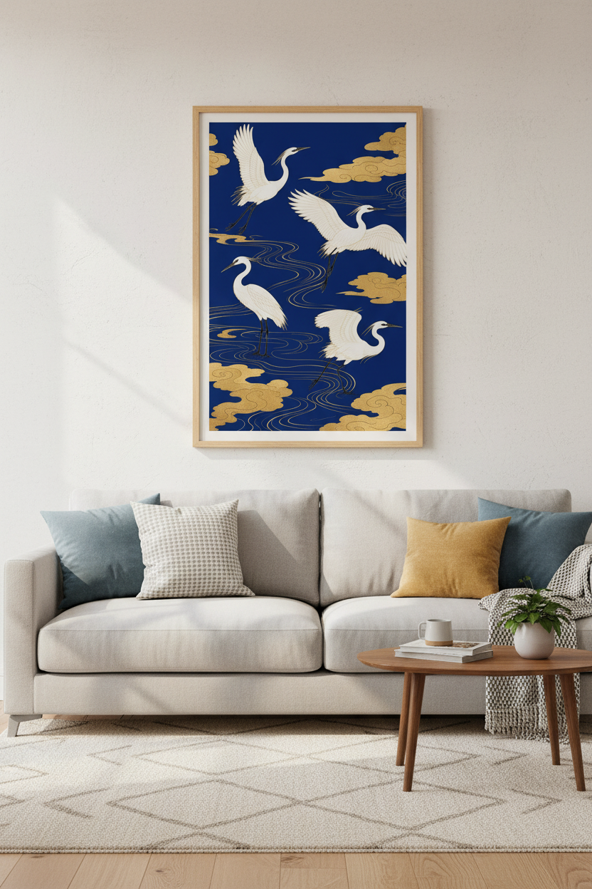 Modern Crane Wall Art Print | Living Room Decor | Gold Accent Poster