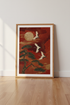 Japanese Crane Wall Art | Red & Gold Moon Poster, Oriental Zen Living Room Decor