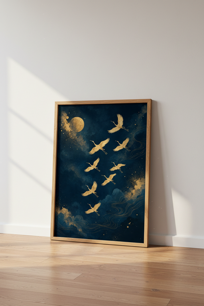 Japanese Gold Cranes Wall Art | Navy Midnight Sky Poster | Japandi Home Decor