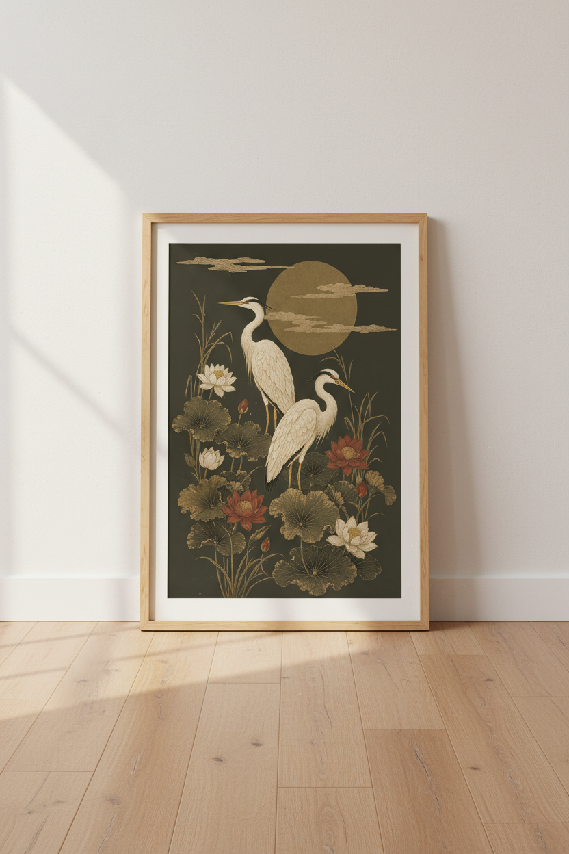 Asian botanical Herons on Lotus Wall Art Print | Living Room Decor | Moonlit Poster
