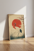 Japanese Crane Wall Art | Red Sun & Cherry Blossom Print, Japandi Living Room Decor