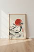 Japanese Crane Wall Art | Red Sun & Mountains Print, Zen Living Room Decor
