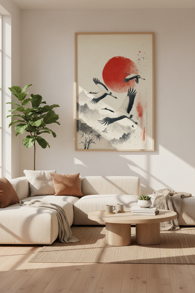 Japanese Crane Wall Art | Red Sun &amp; Mountains Print, Zen Living Room Decor