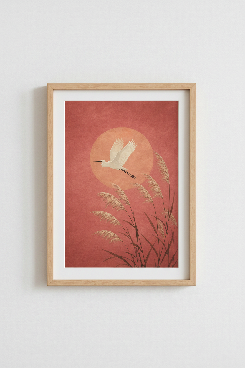 boho wall art print | Terracotta sunset, egret in flight | Living room decor