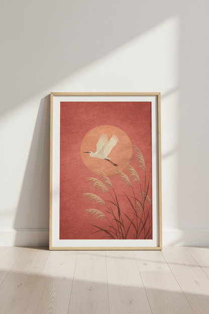 boho wall art print | Terracotta sunset, egret in flight | Living room decor