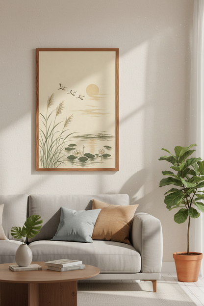 Japanese Crane Lake Wall Art Print | Zen Lotus Decor | Minimalist Poster