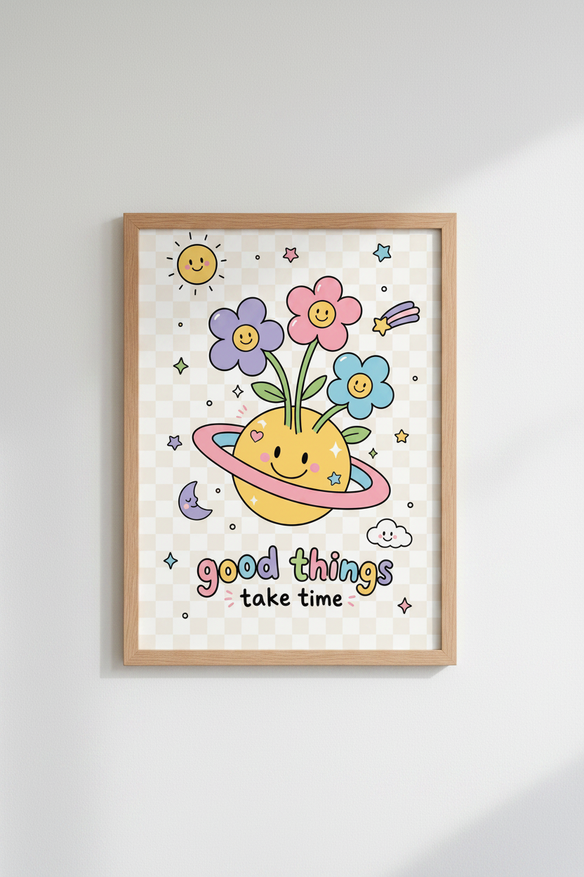 Good Things Take Time Wall Art | Pastel Retro Smiley Poster, Cute Nursery Decor