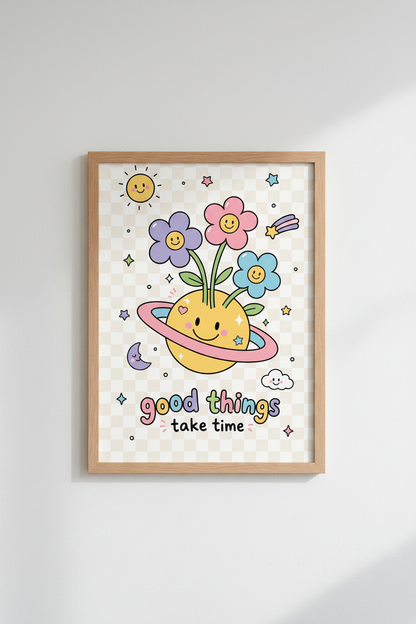 Good Things Take Time Wall Art | Pastel Retro Smiley Poster, Cute Nursery Decor