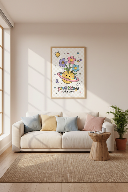 Good Things Take Time Wall Art | Pastel Retro Smiley Poster, Cute Nursery Decor