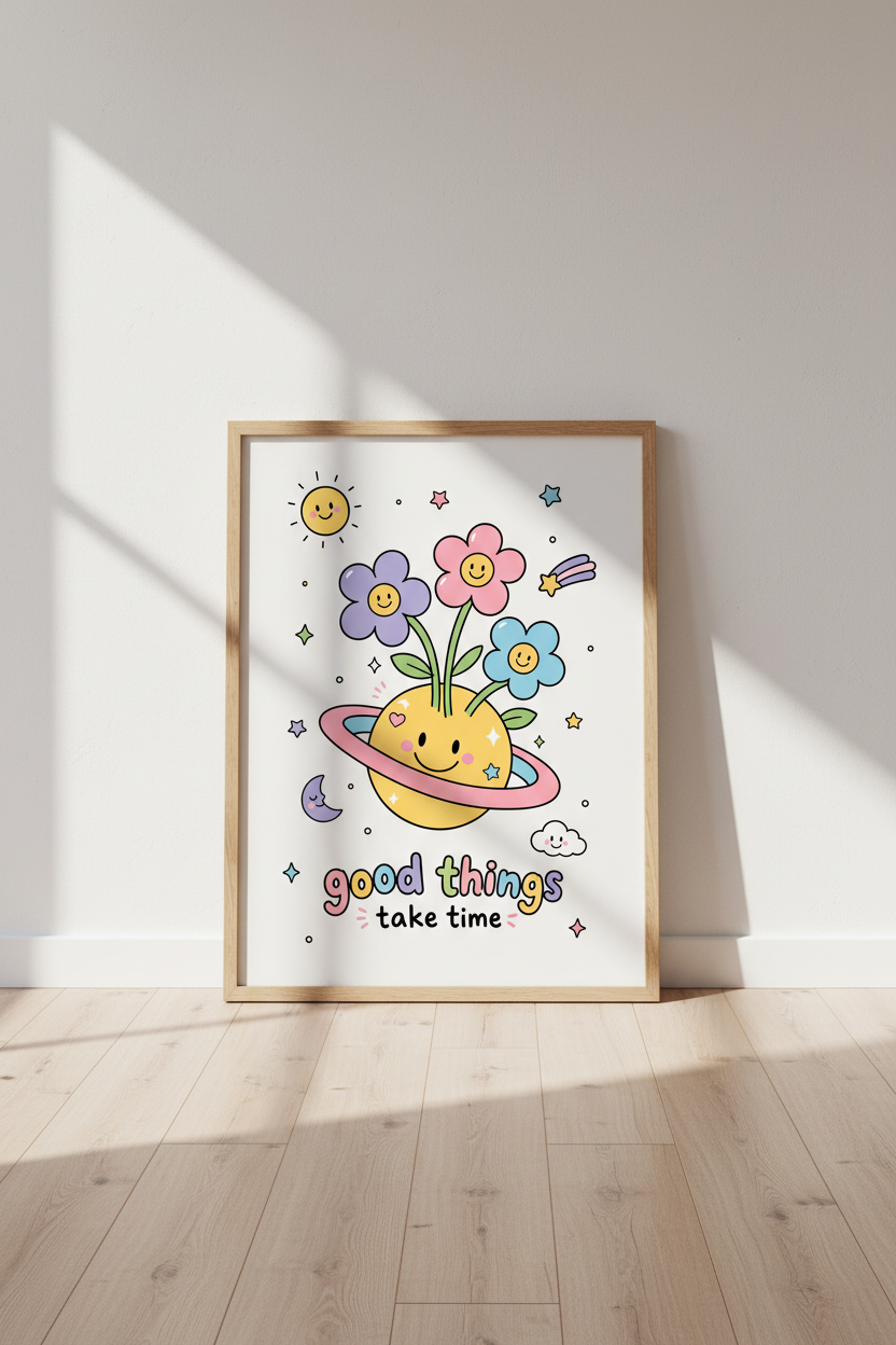 Good Things Take Time Wall Art | Pastel Retro Smiley Poster, Cute Nursery Decor