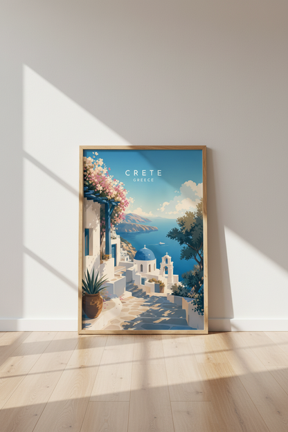 Crete Greece Travel Poster | Mediterranean Blue &amp; White Art | Coastal Home Decor