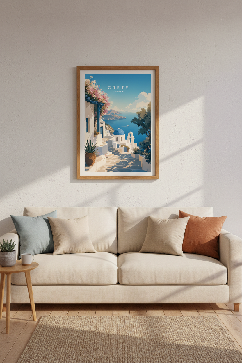 Crete Greece Travel Poster | Mediterranean Blue &amp; White Art | Coastal Home Decor