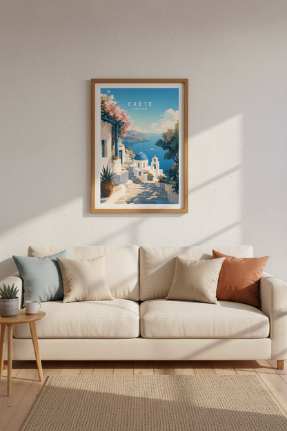 Crete Greece Travel Poster | Mediterranean Blue &amp; White Art | Coastal Home Decor