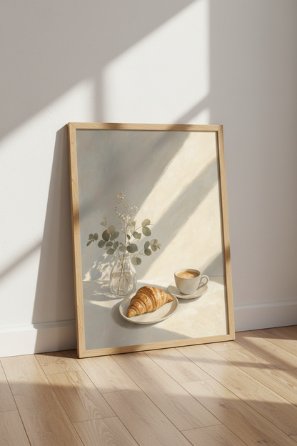 Croissant &amp; Coffee Wall Art | Warm Neutral Kitchen Decor | Calm Morning Poster