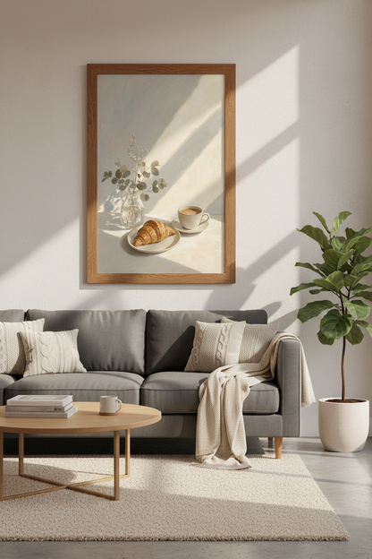 Croissant &amp; Coffee Wall Art | Warm Neutral Kitchen Decor | Calm Morning Poster
