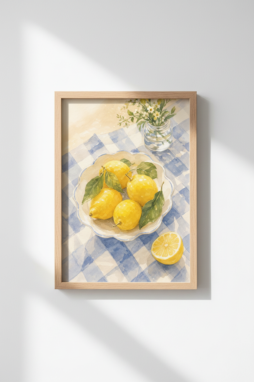 Lemon Kitchen Wall Art | Watercolor Citrus Still Life, Blue Gingham Decor