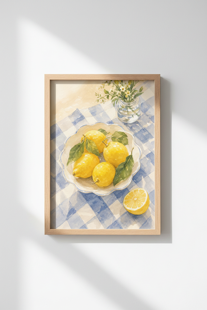 Lemon Kitchen Wall Art | Watercolor Citrus Still Life, Blue Gingham Decor