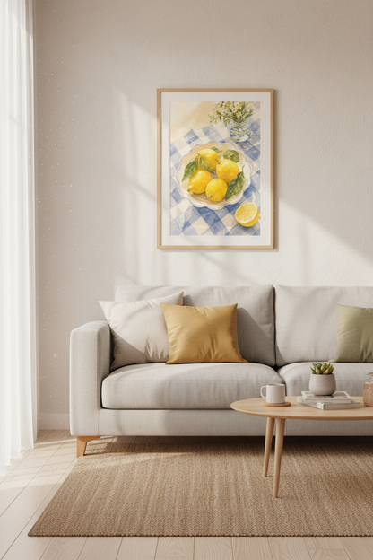Lemon Kitchen Wall Art | Watercolor Citrus Still Life, Blue Gingham Decor