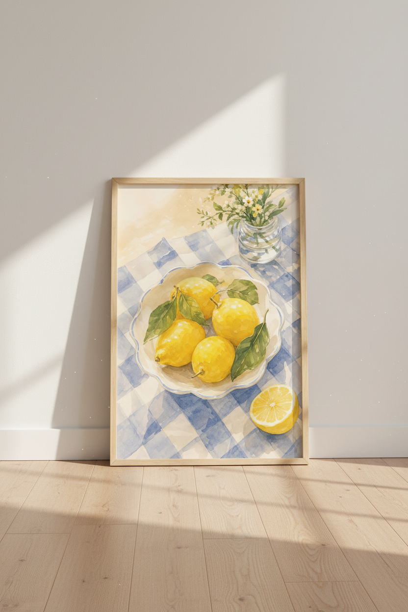 Lemon Kitchen Wall Art | Watercolor Citrus Still Life, Blue Gingham Decor