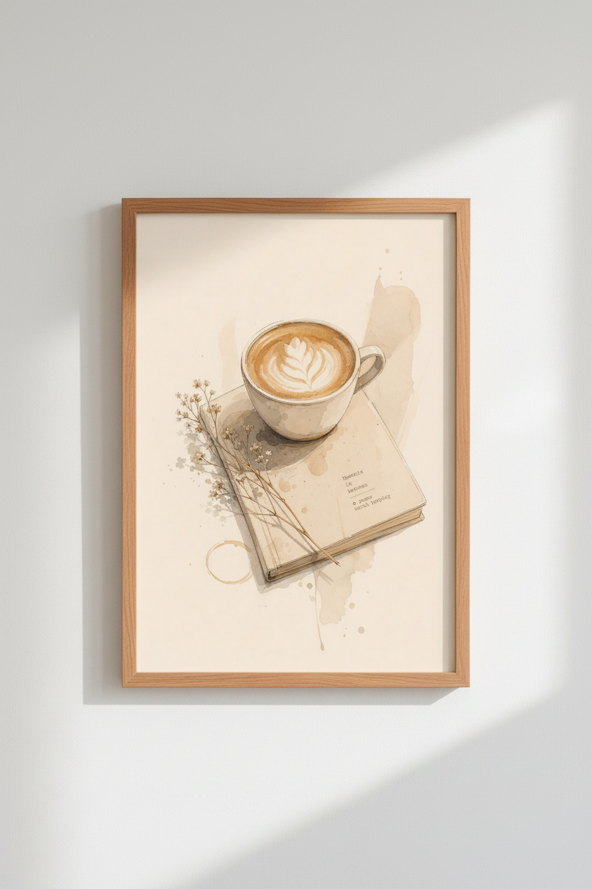 Coffee &amp; Book Watercolor Print | Neutral Kitchen Decor | Minimalist Poster