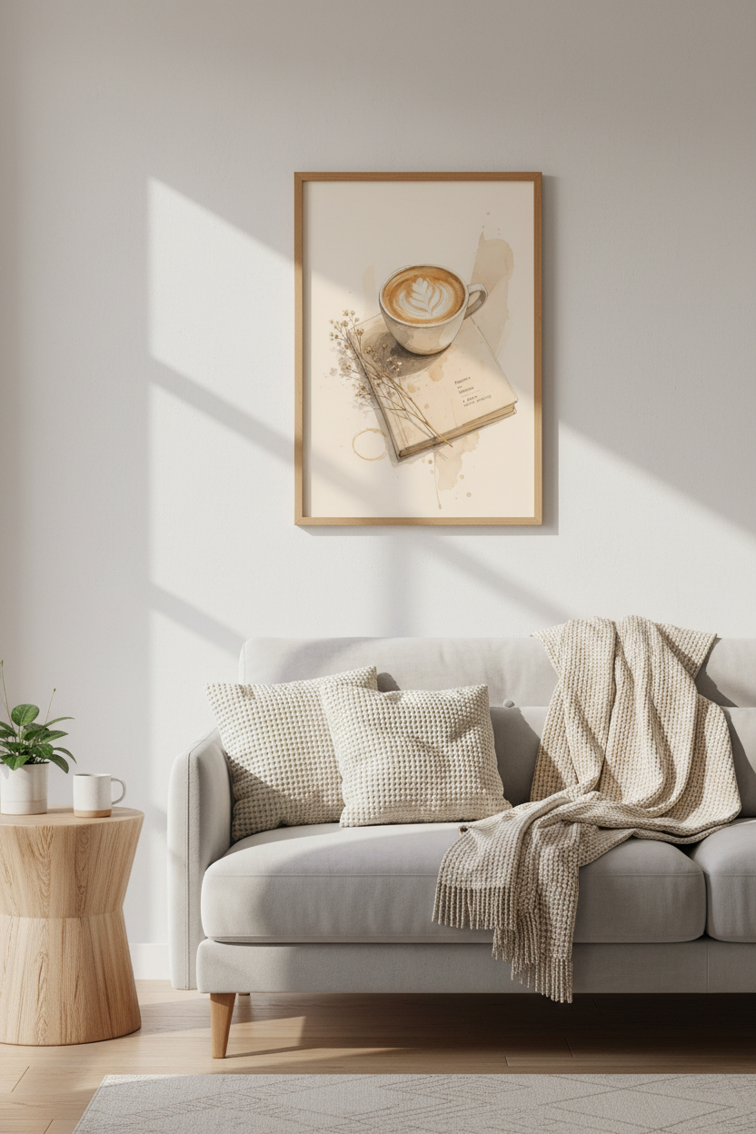 Coffee &amp; Book Watercolor Print | Neutral Kitchen Decor | Minimalist Poster
