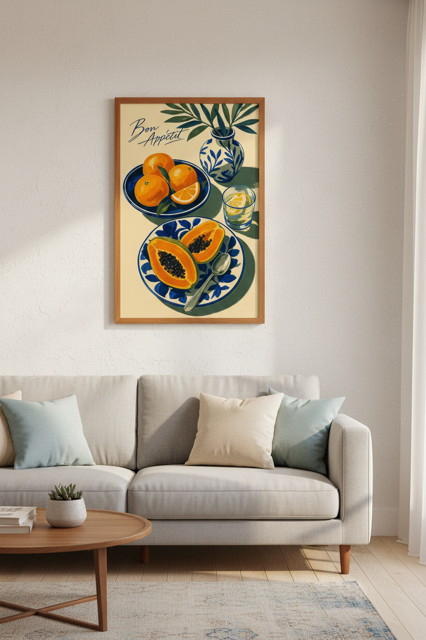 Bon Appetit Fruit Still Life | Blue &amp; Orange Mediterranean Kitchen Decor Poster