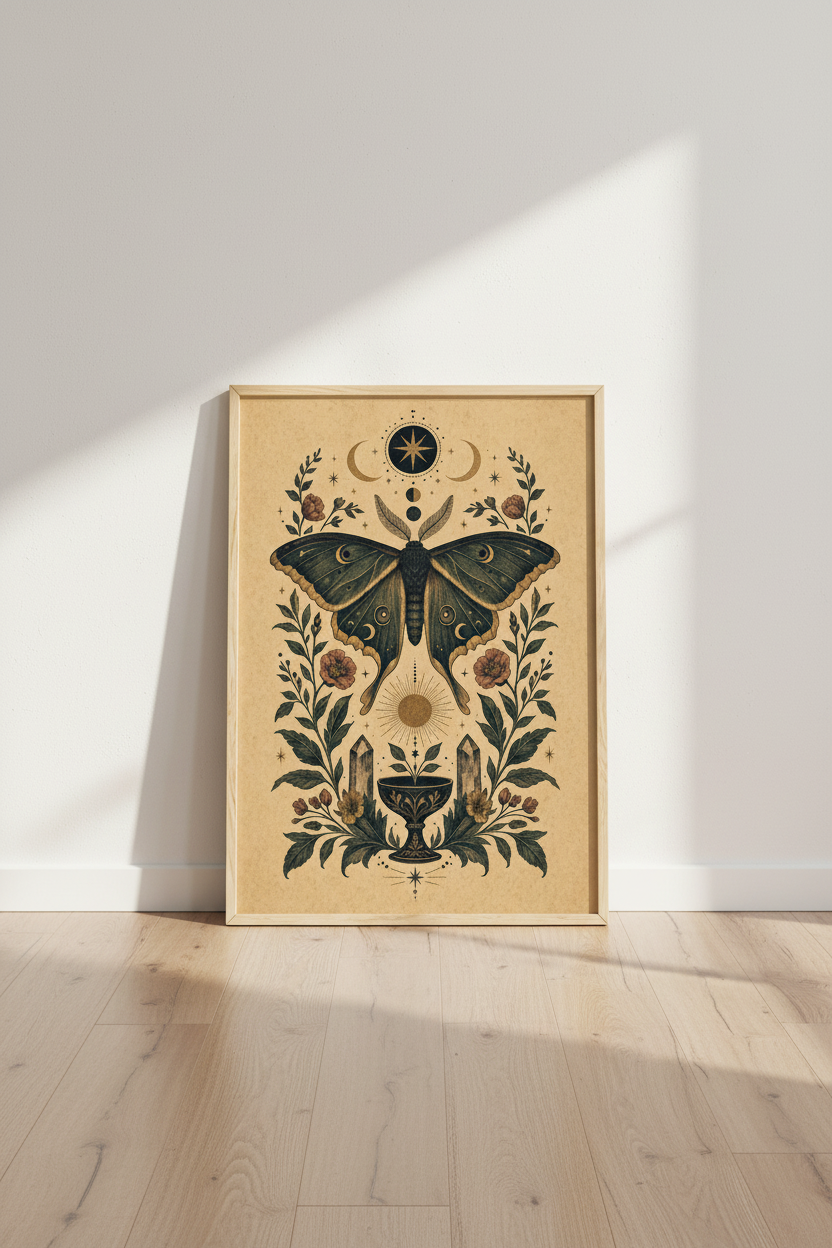 Mystic Moth Celestial Wall Art | Dark Academia Decor | Vintage Botanical Poster