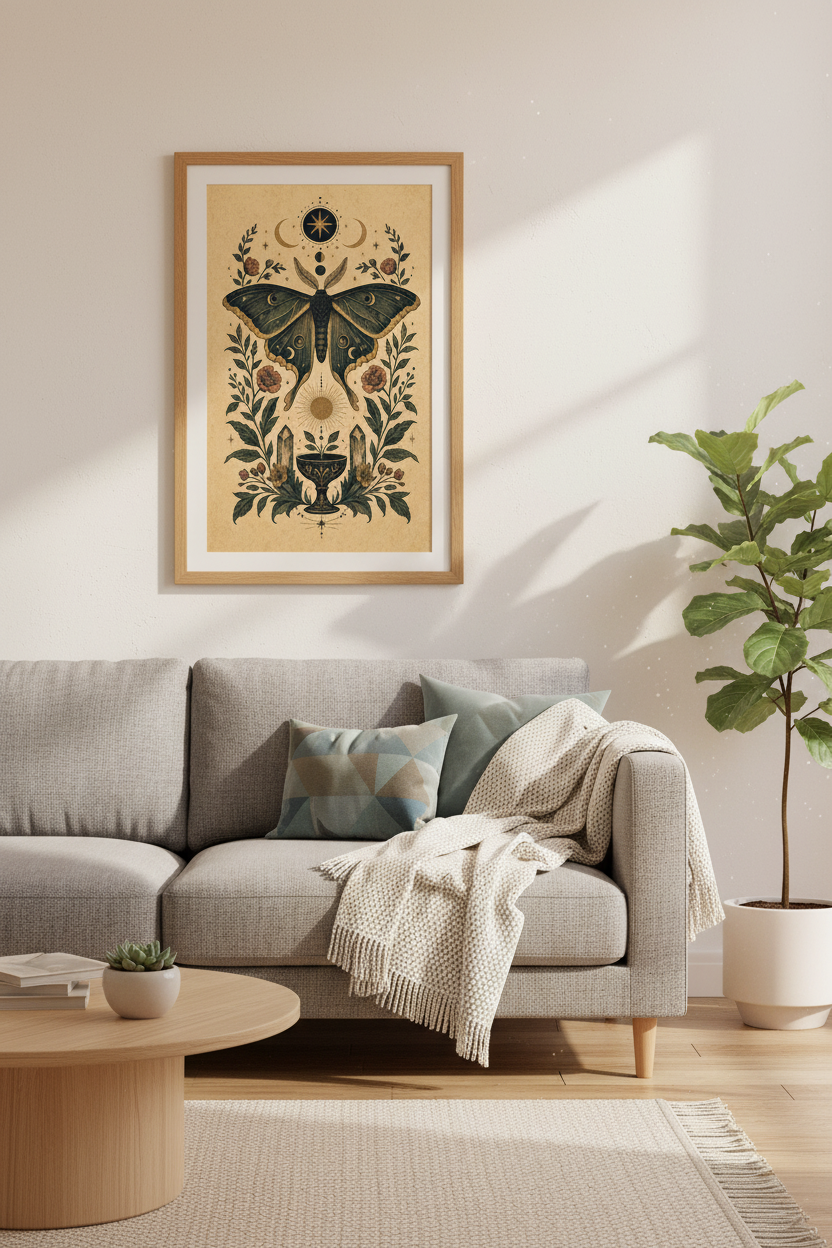 Mystic Moth Celestial Wall Art | Dark Academia Decor | Vintage Botanical Poster