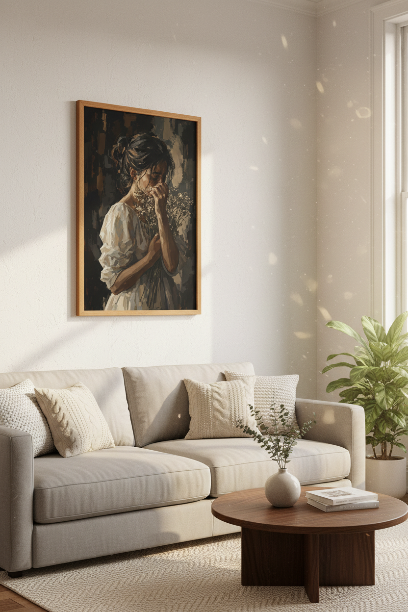 Moody Woman with Flowers Wall Art | Dark Impressionist Portrait, Bedroom Decor Paint