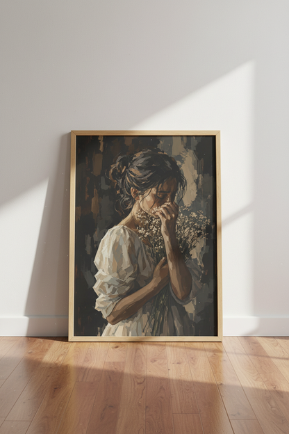 Moody Woman with Flowers Wall Art | Dark Impressionist Portrait, Bedroom Decor Paint