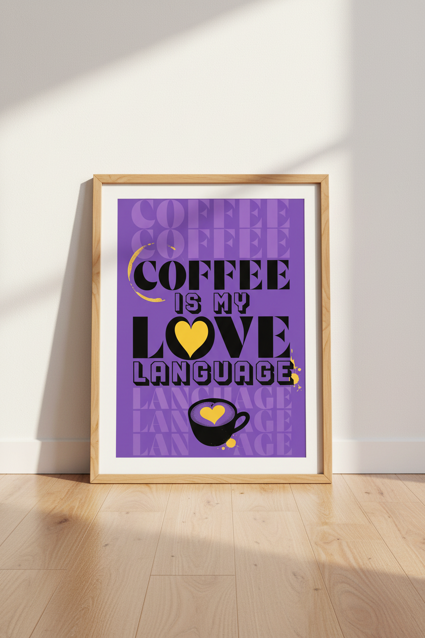 Coffee Is My Love Language Wall Art | Bold Purple &amp; Yellow Decor | Modern Kitchen Poster