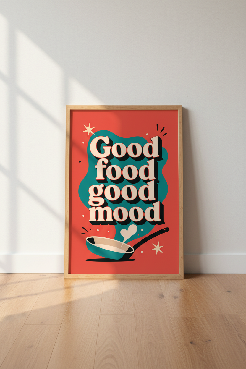 Good Food Good Mood Kitchen Art | Retro Red &amp; Teal Print, Dining Decor