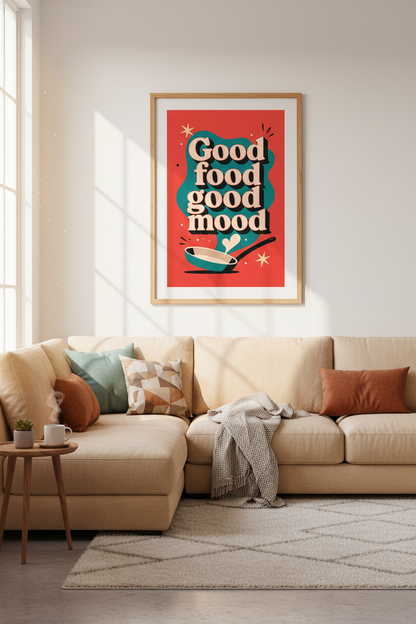 Good Food Good Mood Kitchen Art | Retro Red &amp; Teal Print, Dining Decor