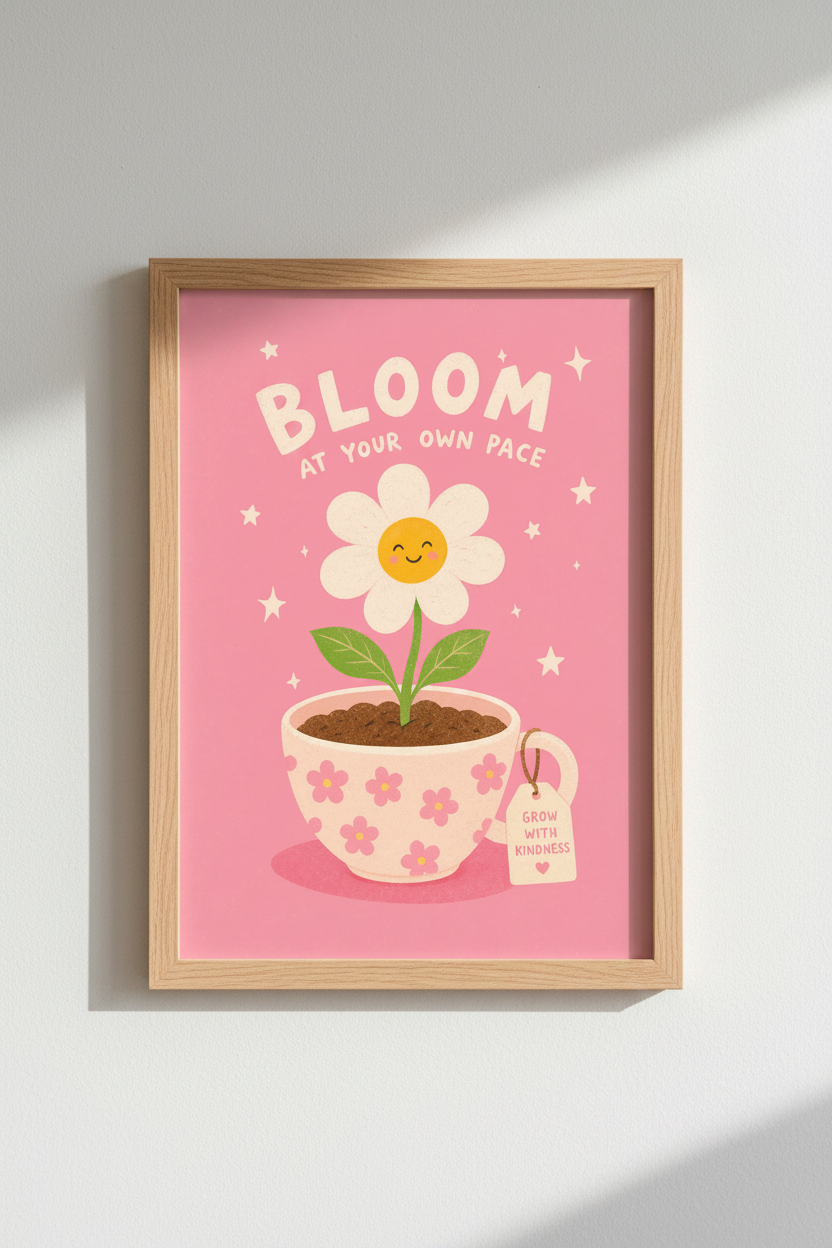 Retro Floral Art Print | Pink Daisy Positive Quote | Cute Nursery Dorm Decor