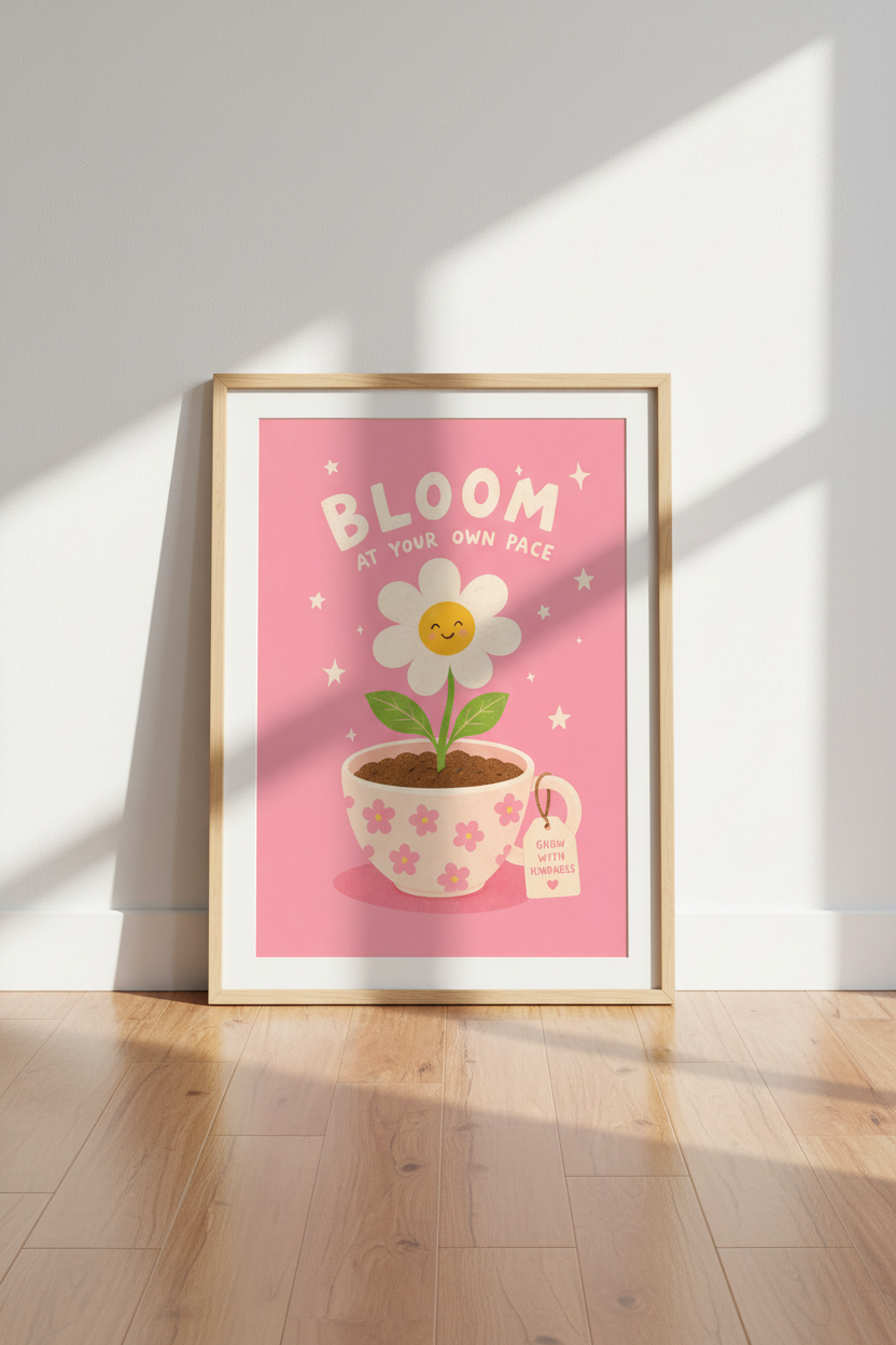 Retro Floral Art Print | Pink Daisy Positive Quote | Cute Nursery Dorm Decor