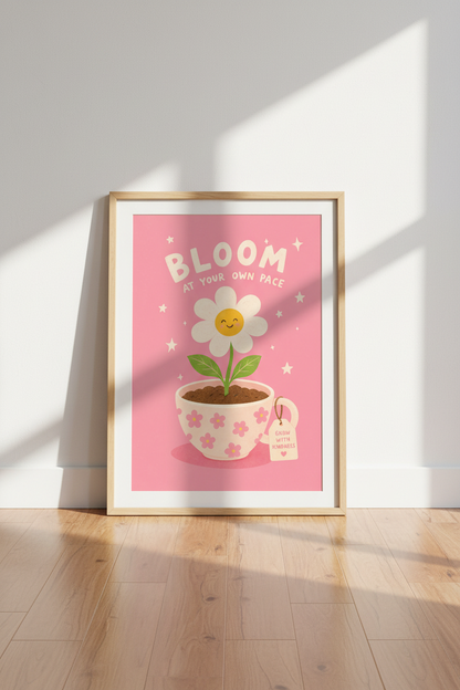 Retro Floral Art Print | Pink Daisy Positive Quote | Cute Nursery Dorm Decor