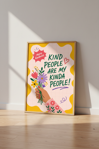 Kind People Poster | Colorful Retro Flower Art, Positivity Wall Decor