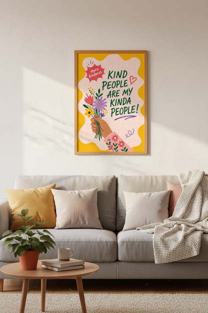 Kind People Poster | Colorful Retro Flower Art, Positivity Wall Decor