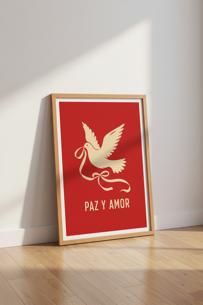 Paz y Amor Dove Wall Art | Red Minimalist Poster, Spanish Modern Room Decor