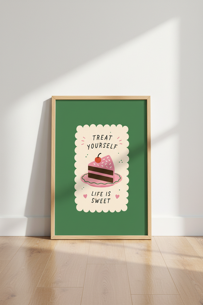 Treat Yourself Cake Wall Art | Kitchen Decor | Retro Pink Dessert Poster