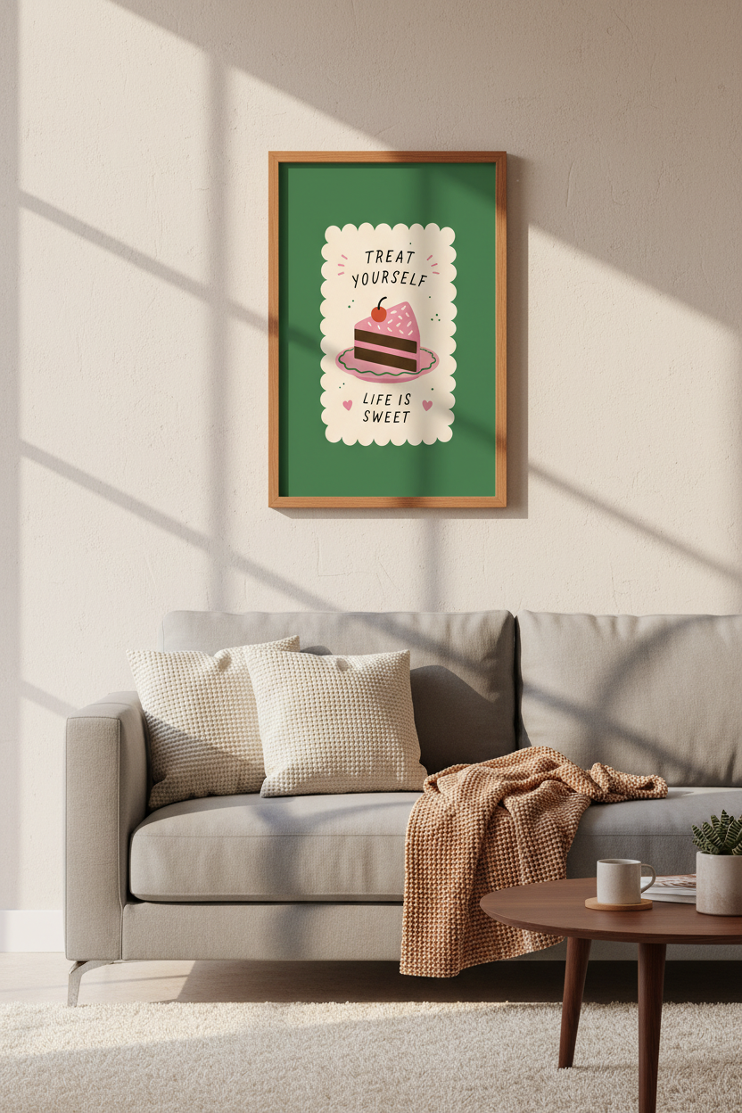Treat Yourself Cake Wall Art | Kitchen Decor | Retro Pink Dessert Poster
