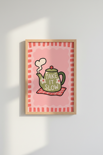 Take It Slow Teapot Wall Art Print | Kitchen Decor | Danish Pastel Aesthetic Poster