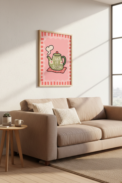 Take It Slow Teapot Wall Art Print | Kitchen Decor | Danish Pastel Aesthetic Poster