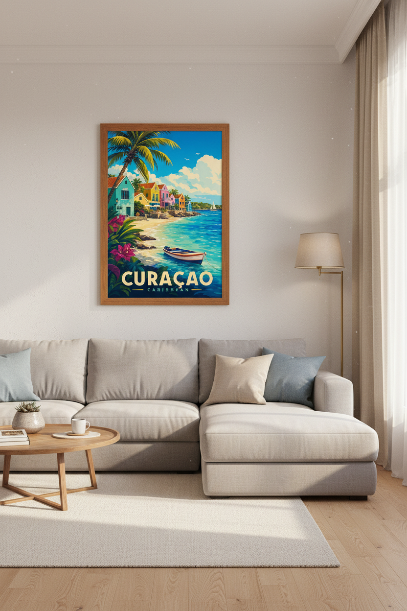 Curacao Travel Poster | Colorful Caribbean Wall Art, Retro Tropical Decor