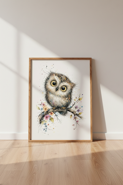Cute Owl Watercolor Wall Art | Woodland Nursery Decor | Whimsical Bird Poster