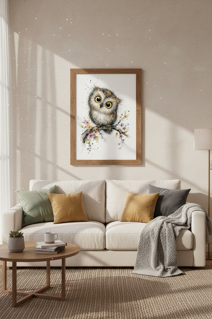 Cute Owl Watercolor Wall Art | Woodland Nursery Decor | Whimsical Bird Poster