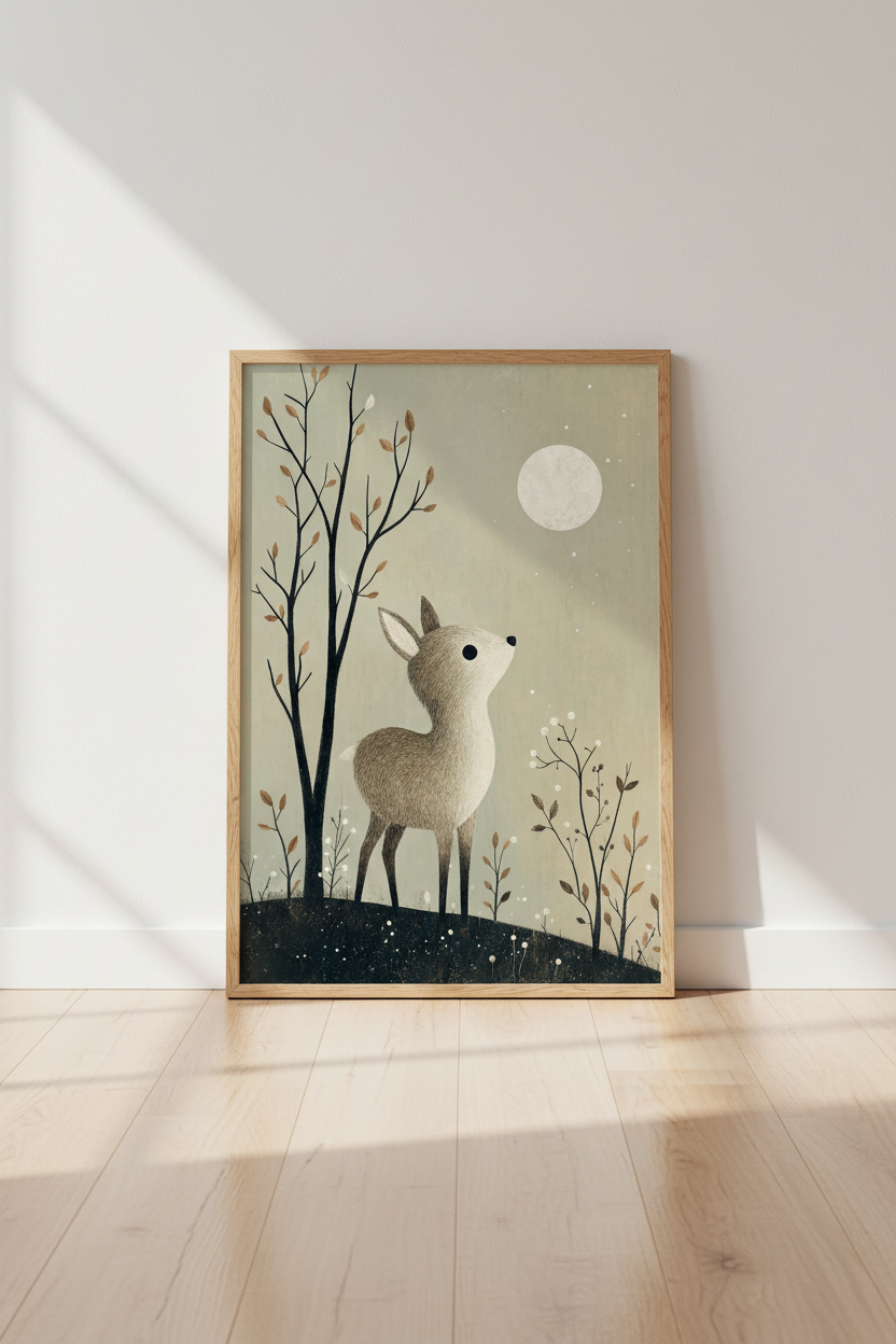 Whimsical Fawn &amp; Moon Art | Sage Green Nursery Decor, Woodland Deer Poster